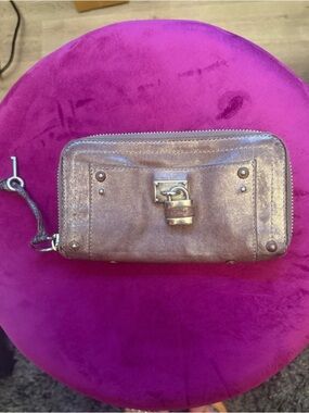 Chloe Metallic Gold Wristlet Wallet with Lock Detail
